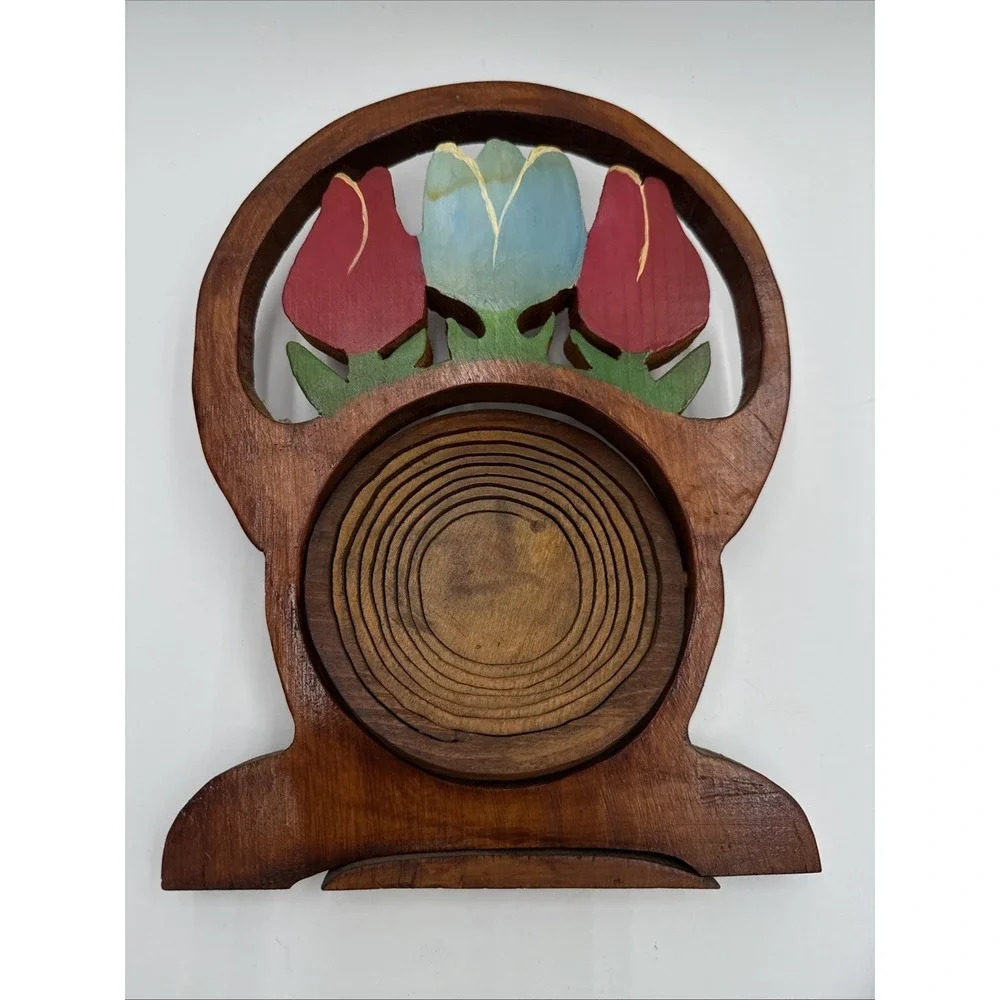 Vintage Spiral Cut Collapsible Wooden‎ Basket Floral Rose Tulip Handmade
